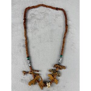 Vintage Hand Carved Wood Safari Animal Bead Necklace Brown Giraffe Tiger Boho